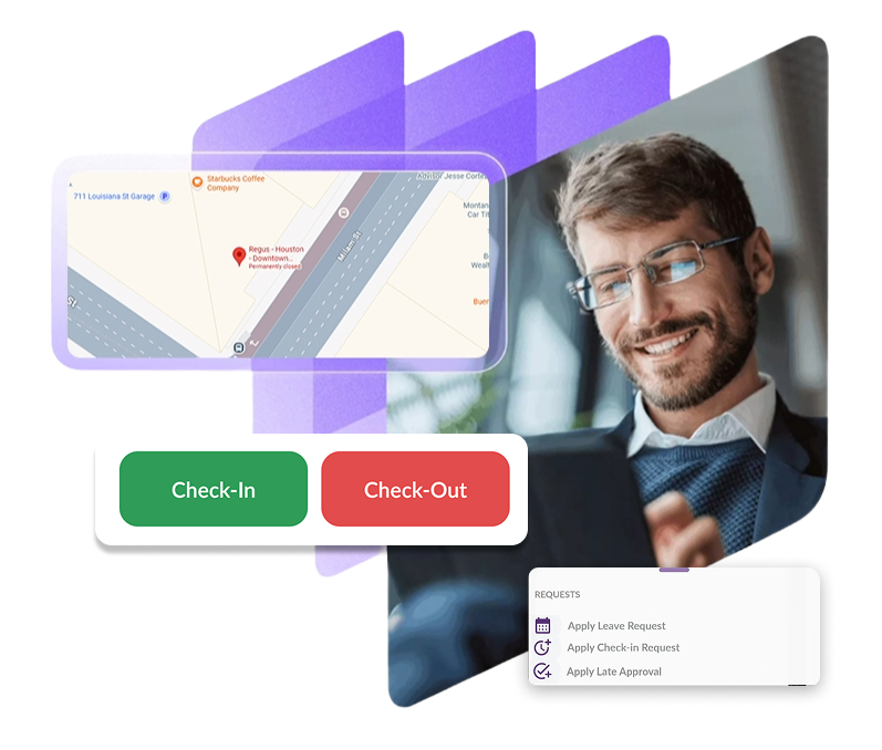Chart featuring a map view and check-in/check-out buttons